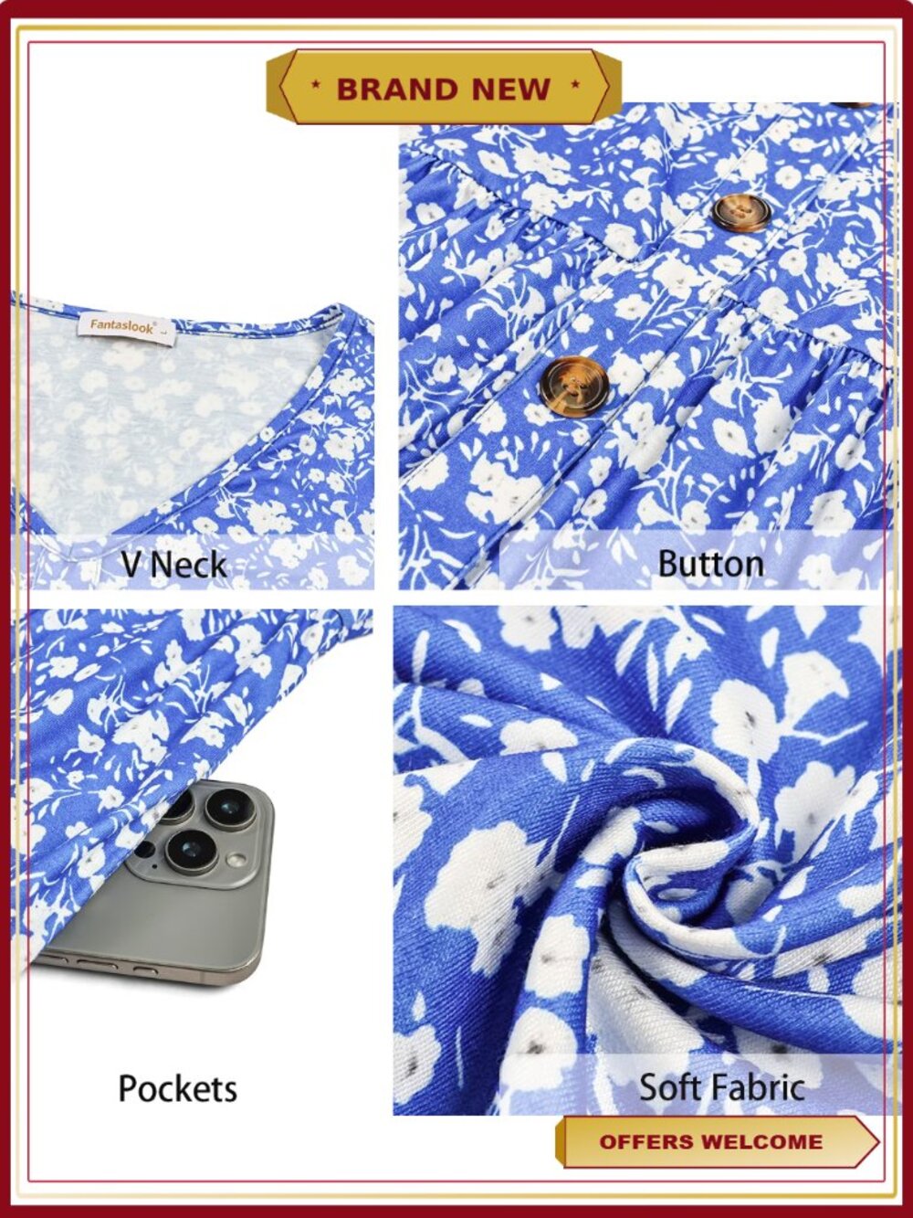 Long Sleeve V Neck Button Floral Midi Dress with Pockets - Picture 4 of 7